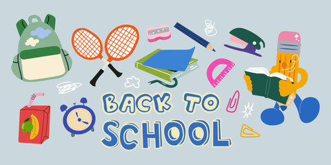 Welcome back to school stickers in cartoon groovy style. Hand drawn set of school supplies, stationery and snack. Perfect for prints, cards, paper crafts, scrapbooking