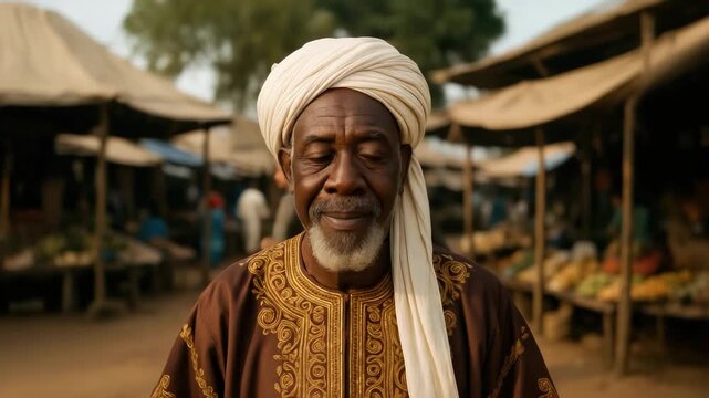Portrait of a Nigerian Muslim elder from the Hausa ethnic group, wearing a richly embroidered kaftan and turban, looking directly into the camera with wise, calm eyes, outdoor market background.