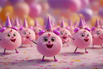 Pink cartoon alarm clocks, party hats, celebrating