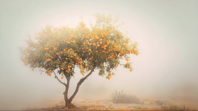 Orange tree with ripe fruits in foggy landscape,  captured as the natural essence behind essential oils of wild orange, neroli, petitgrain, citrus fruits, and orange juice 