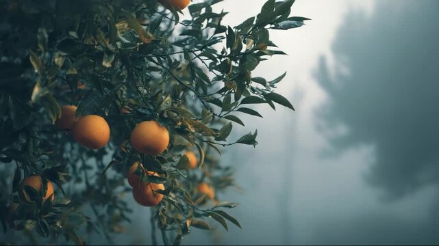 Oranges hanging from tree branches in misty orchard background, captured as the natural essence behind essential oils of wild orange, neroli, petitgrain, citrus fruits, and orange juice 