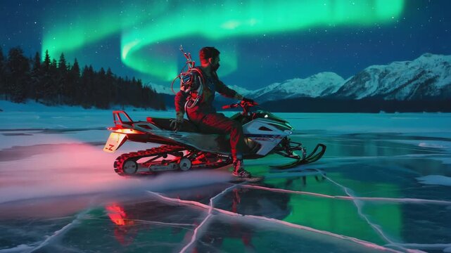 Scientist wearing a protective suit and oxygen mask rides a snowmobile on a frozen lake at night, exploring the arctic landscape under the vibrant green glow of the aurora borealis