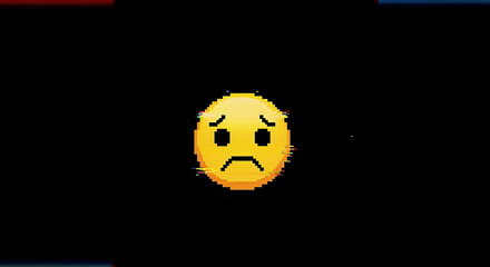 A pixelated yellow sad face emoji with a frown and worried eyebrows, expressing distress on a black background.