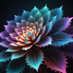 Obraz premium Abstract glowing succulent plant with vibrant neon colors, delicate petals illuminated by soft light on a dark background, digital art, intricate details, botanical fantasy
