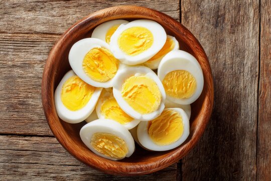 Hard boiled eggs cut in halves in wooden bowl on rustic wooden table. Top view food photography.
Breakfast and cooking ingredient concept. Design for poster, banner, greeting card, postcard, print. - Powered by Adobe