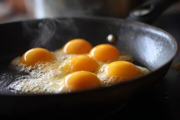 Six fried eggs with yolks cooking in skillet. Closeup food photography. Breakfast and cooking concept. Design for poster, banner, greeting card, postcard, print.