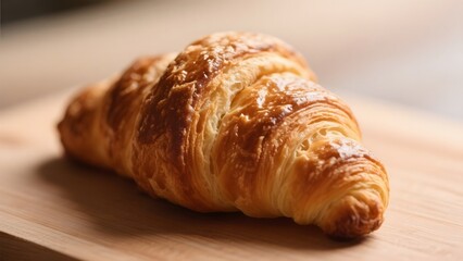 Golden, flaky croissant on a wooden surface
