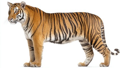 Obraz premium In the Magnificent Tiger Portrait, a proud tiger is seen standing majestically, its striking coat of orange and black stripes a testament to the awe-inspiring power and beauty of the untamed