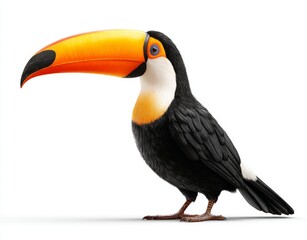 Obraz premium A vibrant Toco Toucan is showcased in a side profile, highlighting its distinctive large orange beak and black plumage set against a clean background