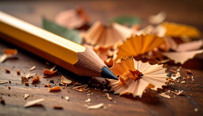 Sharpened pencil shavings on a wooden surface