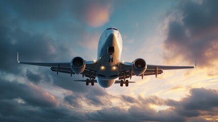 Obraz premium Commercial Airplane Flying Overhead at Sunset – Dramatic Sky and Lens Flare – 8K Cinematic View