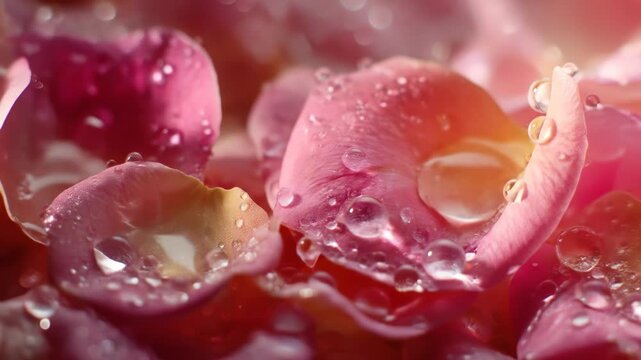 A close-up showcases multiple, overlapping pink and yellow petals glistening with tiny water droplets. Some petals are partially blurred