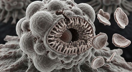 Microscopic view of a bizarre, alien-like organism with a gaping maw, surrounded by disc-shaped cells, evoking a sense of the uncanny and unseen world of biology