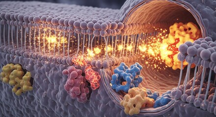 A microscopic depiction of cellular biology showing an ion channel protein facilitating molecular transport across the phospholipid membrane