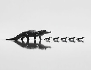 A large alligator leads a line of smaller alligators across a reflective surface