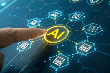 Finger touches AI symbol on glowing digital network