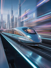 Fototapeta premium Futuristic Train in Motion Through City of Tomorrow Speed and Efficiency
