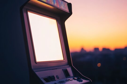 Sunset backdrop to illuminated arcade machine with blank screen.