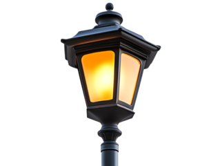 Old fashioned ornate street lamp with warm glowing light isolated on transparent background