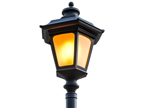 Old fashioned ornate street lamp with warm glowing light isolated on transparent background