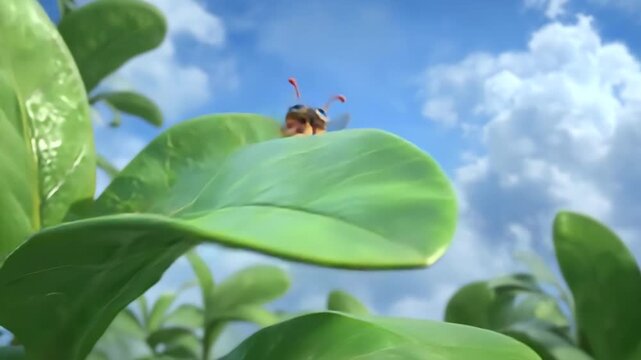 3D animated cartoon ant in pilot goggles steering a flying leaf across a fresh green sky with comic expression and full lighting