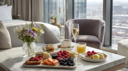 Luxury hotel breakfast with champagne and city view