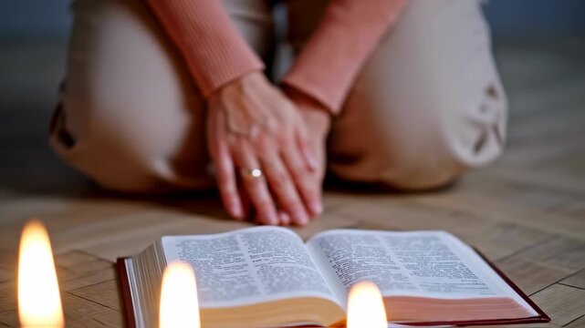 kneeling woman praying in front of book on floor &ndash; seamless loop
