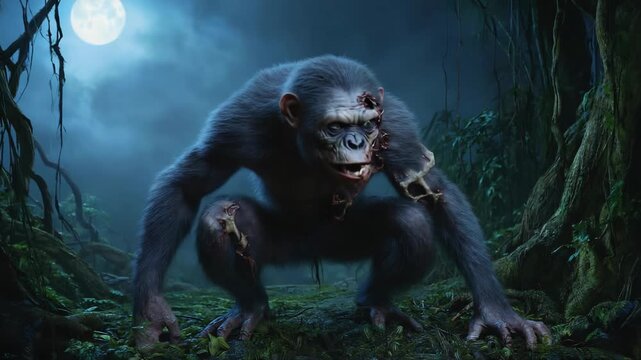 Gory, infected chimpanzee emerging from the dense jungle at night, growling fiercely under the eerie glow of the full moon, revealing sharp teeth and exposed bone