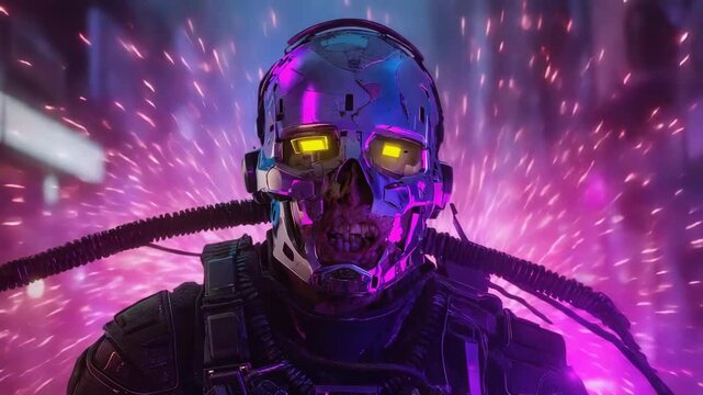 Futuristic cyborg soldier wearing a helmet with glowing eyes stands in a vibrant cyberpunk city with sparks flying around, creating a dramatic and otherworldly scene