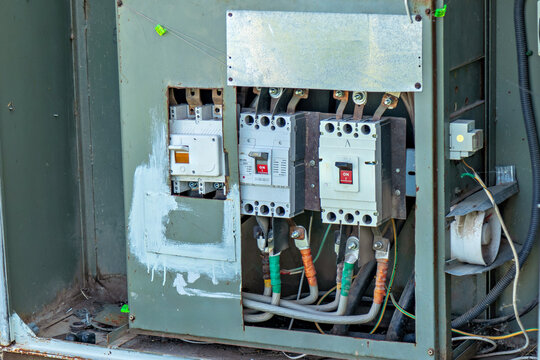 This image shows an electrical panel with various components installed