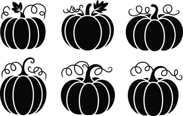 Six decorative black pumpkin silhouettes with unique stems, leaves, and curly vine designs, arranged in two rows, ideal for autumn, Halloween, and harvest artwork themes