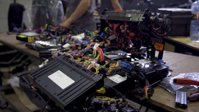 Technician repairing car electronic control units with wiring and connectors on workbench. Concept of diagnostics, automotive service and electronic system maintenance