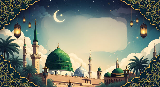 Milad un Nabi Maulid or Mawlid al Nabi islamic background banner with Madina mosque crescent stars festival