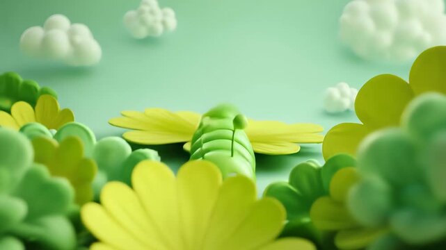 3D animated cartoon bug zipping through flower-shaped clouds on pastel green sky with bright motion and clear focus