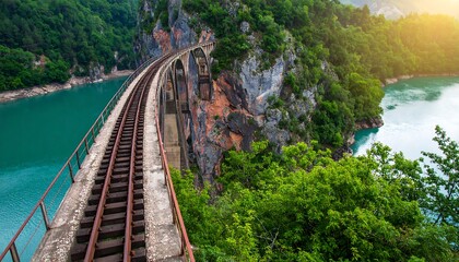 Fototapeta premium A winding railway bridge stretches across a turquoise lake, nestled amongst lush green hills and rugged cliffs.