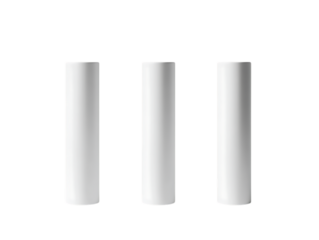 Three white cylindrical objects standing upright in a row isolated on transparent background