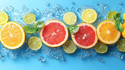 Fresh citrus slices immersed in bubbles on a vibrant blue background highlight refreshing summer flavors