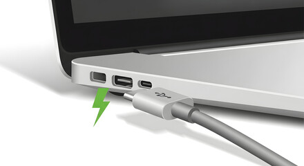 Close-up of a laptop charging cable being plugged into a port, symbolizing power and connectivity