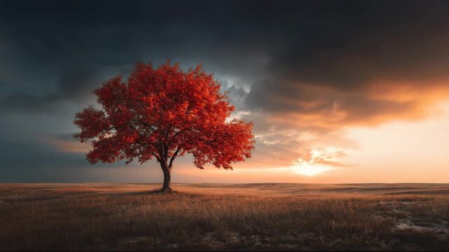 Vibrant red tree standing alone in expansive field at sunset, representing a sense of harmony and inner alignment  