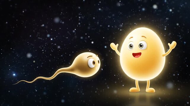 Animated Cartoon Sperm Cell Approaches Smiling Cartoon Egg Character with Starfield Background Illustrating Fertilization and The Miracle of Life in Conceptual 3D Animation