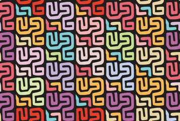 A vibrant hand drawn, abstract geometric pattern featuring interlocking, colorful shapes on a dark background, creating a dynamic visual effect.