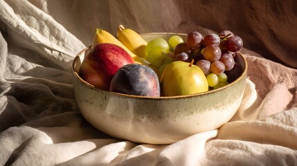 A ceramic bowl filled with red apples green grapes red grapes plums and bananas on a textured fabric background