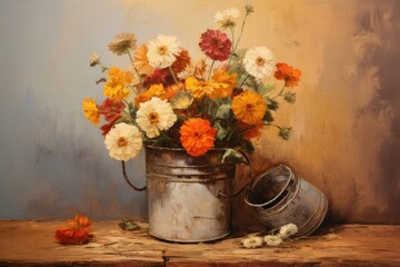 Obraz premium Flowers in bucket painting plant art.