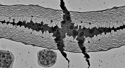 Obraz premium Abstract black and white microscopic view of a cracked and shattered biological membrane, a scientific electron micrograph