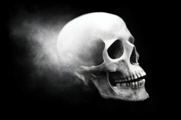 Obraz premium Mysterious Skull Dissolving into Particles in Dark Atmospheric Background.