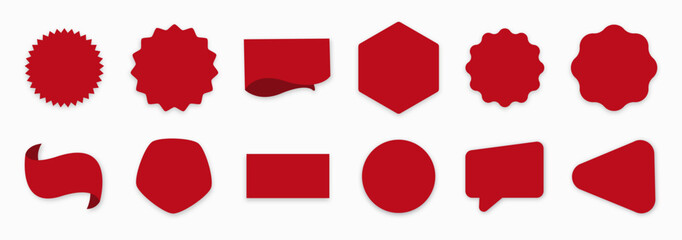 Set of red price sticker, sale or discount sticker, sunburst badges icon. Stars shape with different number of rays. Special offer price tag. Red starburst promotional badge set, shopping labels