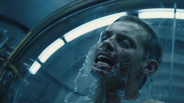 Futuristic scene showing a wounded astronaut suffocating from smoke inhalation as his cryogenic chamber malfunctions, highlighting themes of space exploration, danger, and survival