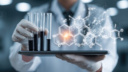 Doctor holding test tubes over a tablet with glowing chemical formulas