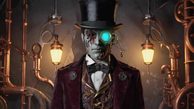 Captivating portrait of a zombie ringmaster in a top hat and monocle, set against intricate steampunk machinery and glowing lamps, blending horror with victorian elegance