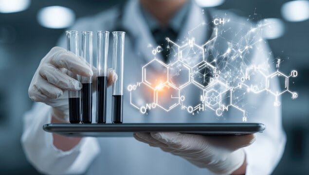 Doctor holding test tubes over a tablet with glowing chemical formulas - Powered by Adobe